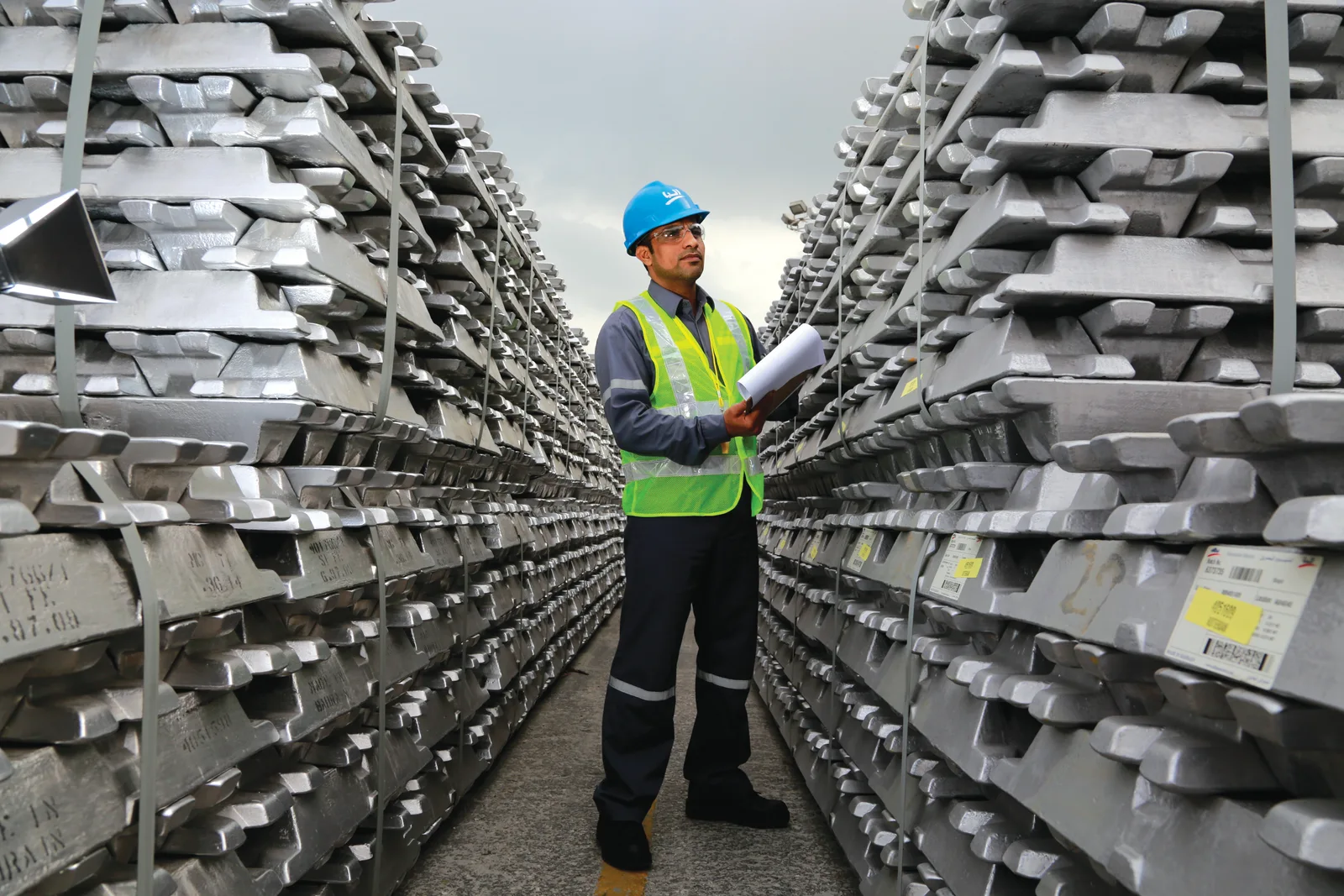 Rows of aluminium ingots at an industrial production facility